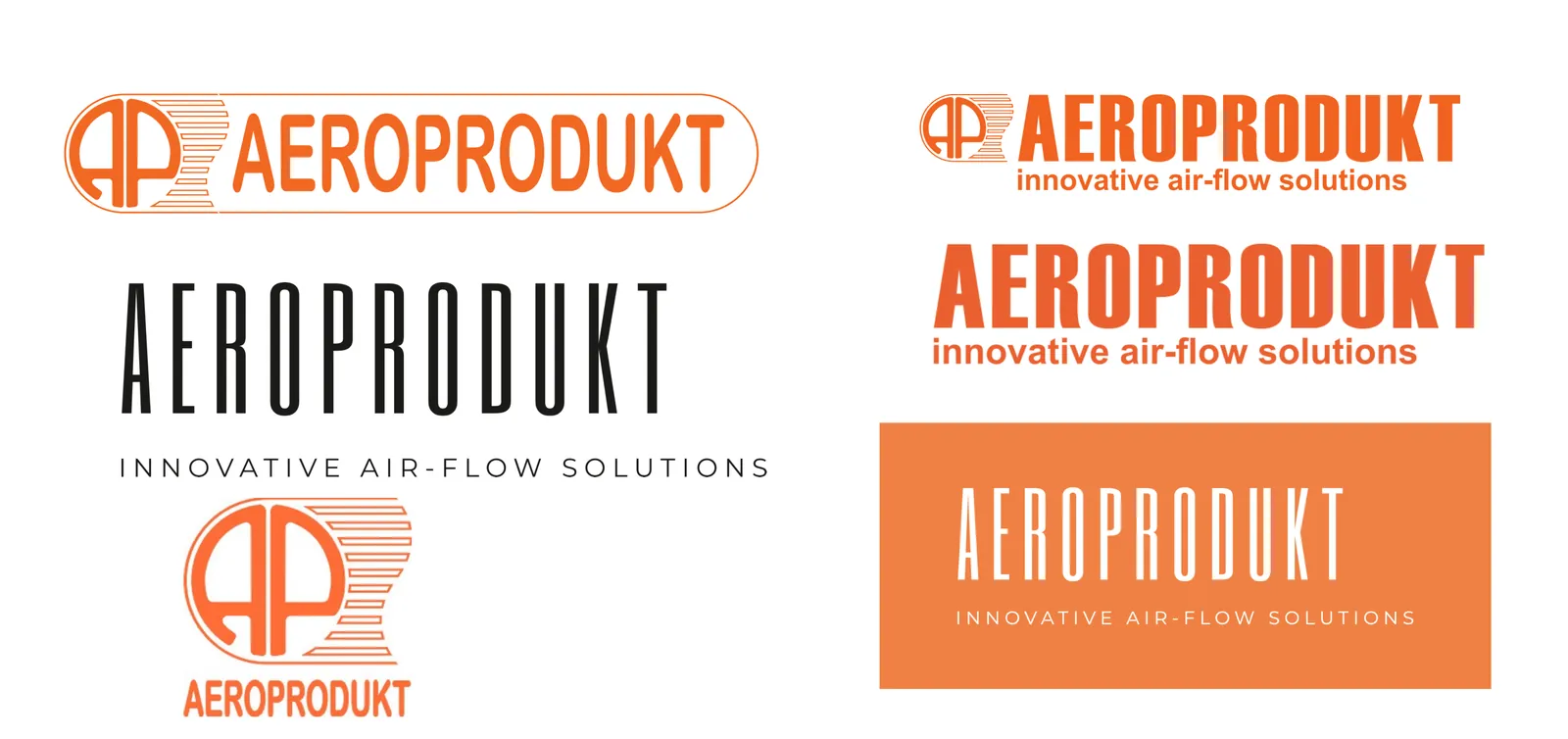Aeroprodukt: Előtte: az örökölt AP jelvény, egy kapszulába zárt logóelrendezés és több lapos narancs logótípus.
