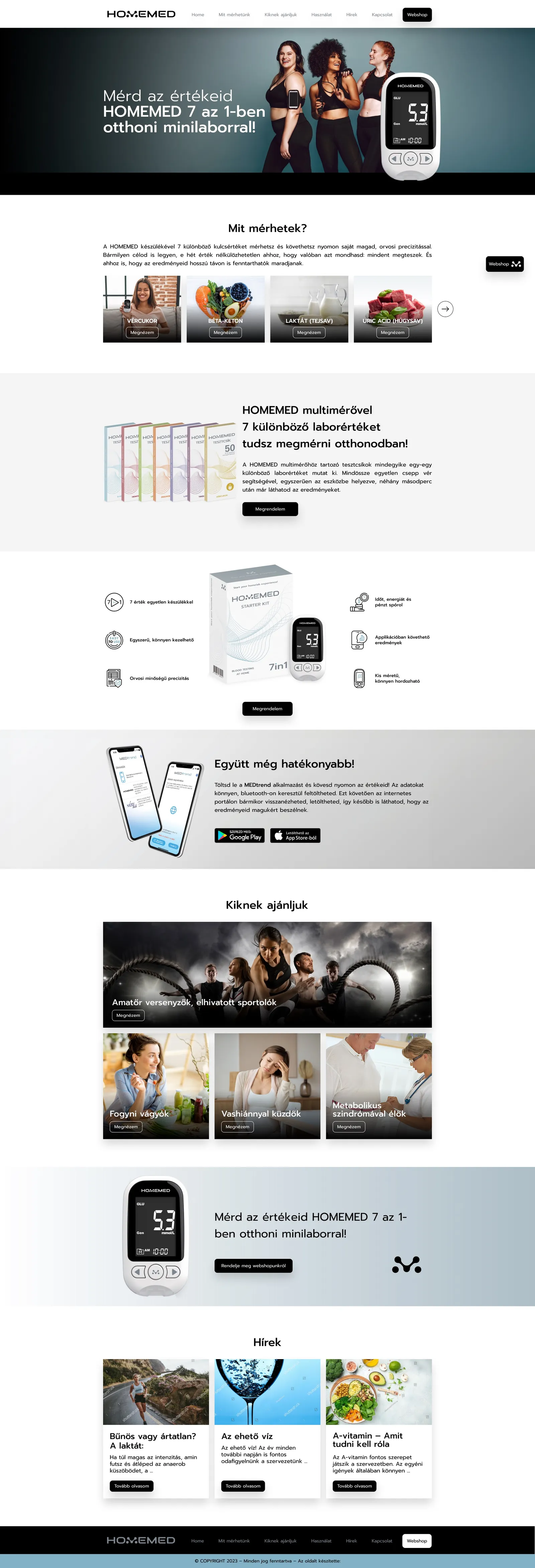 HOMEMED: The homepage: lifestyle hero, the seven measurements, the audiences and a push to the shop. Scroll inside the frame.
