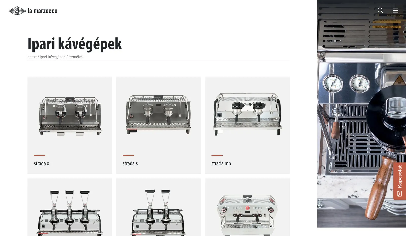 La Marzocco Magyarország: A katalógus: letisztult, magazinszerű terméklapok.