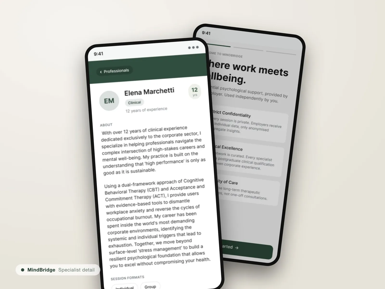 MindBridge: Terapeuta adatlapja: elég információ ahhoz, hogy a foglalás előtt kialakuljon a bizalom.