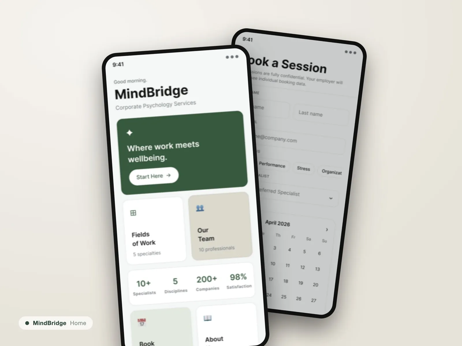MindBridge: Kezdőképernyő: szakterület szerint párosított pszichológusok.