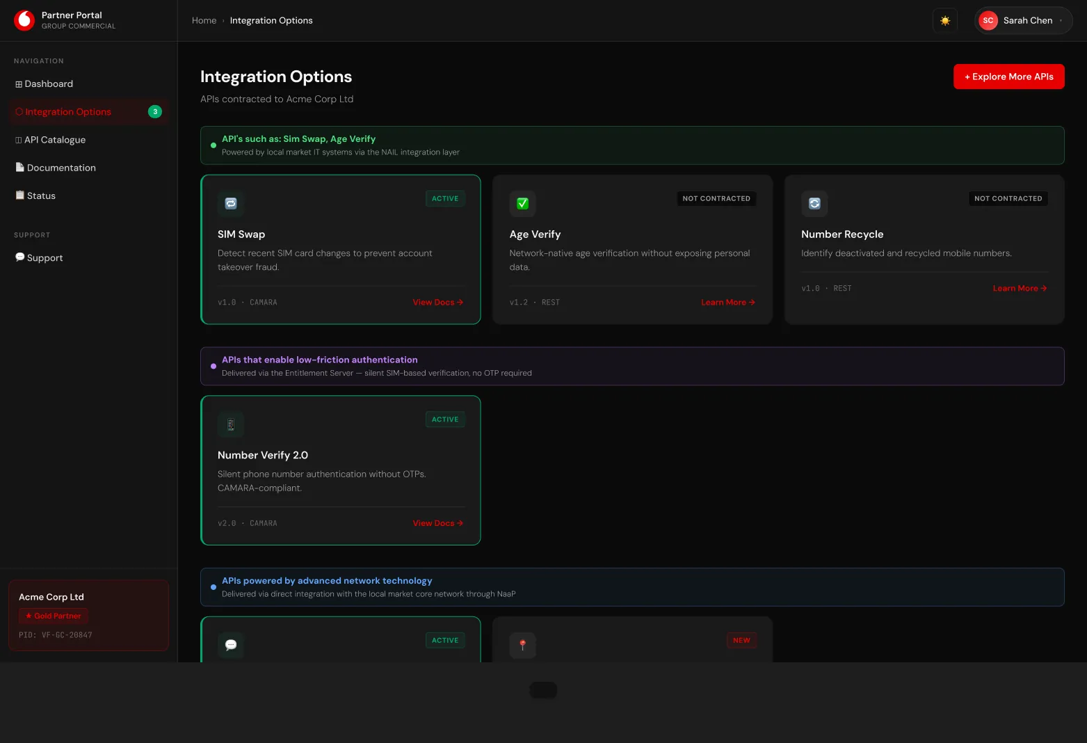 Network API Portfolio: Katalógus: minden API aktívként, szerződöttként vagy hozzáadhatóként jelölve.