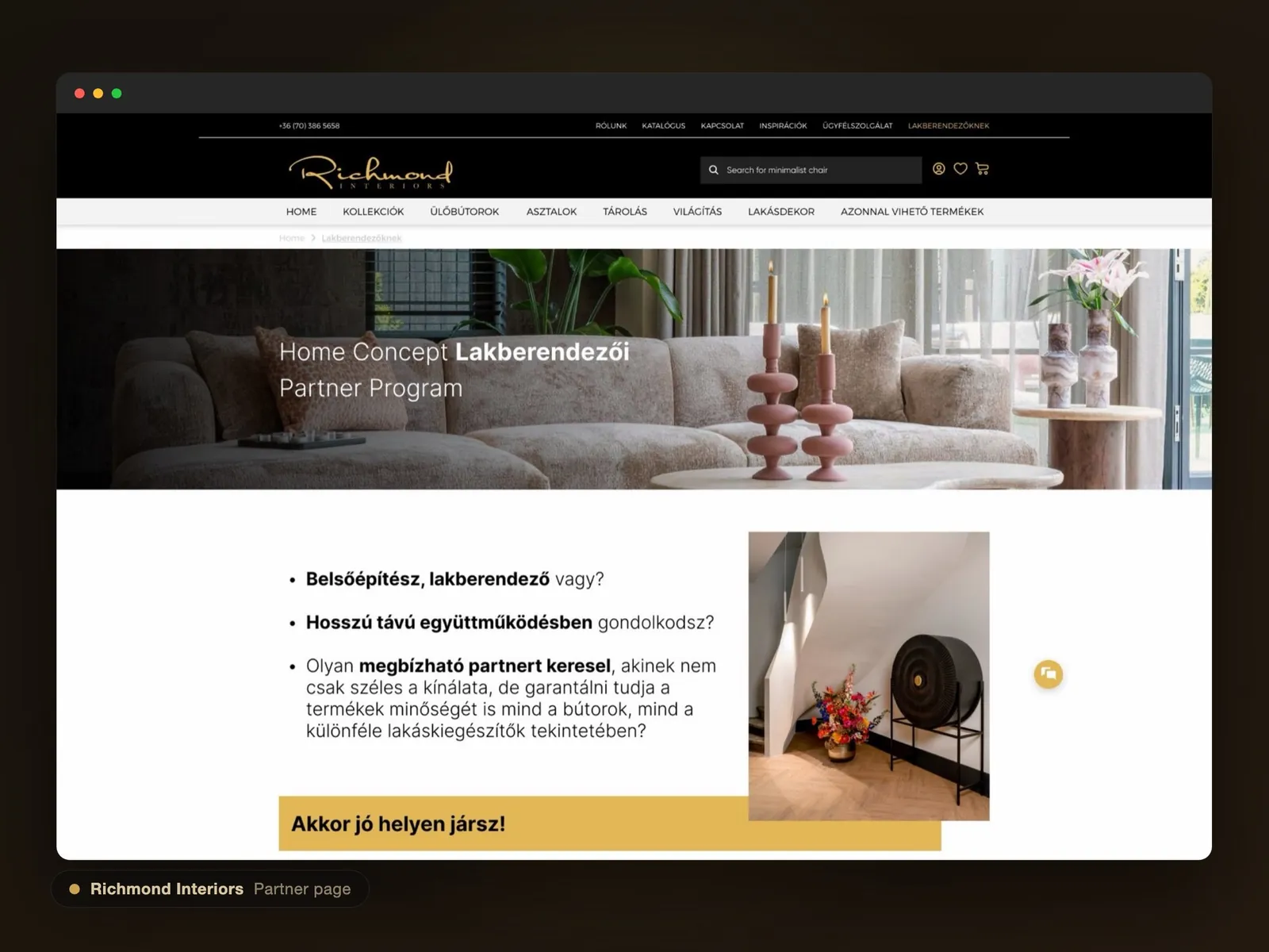 Richmond Interiors: Külön útvonal a belsőépítész és kereskedelmi partnereknek.