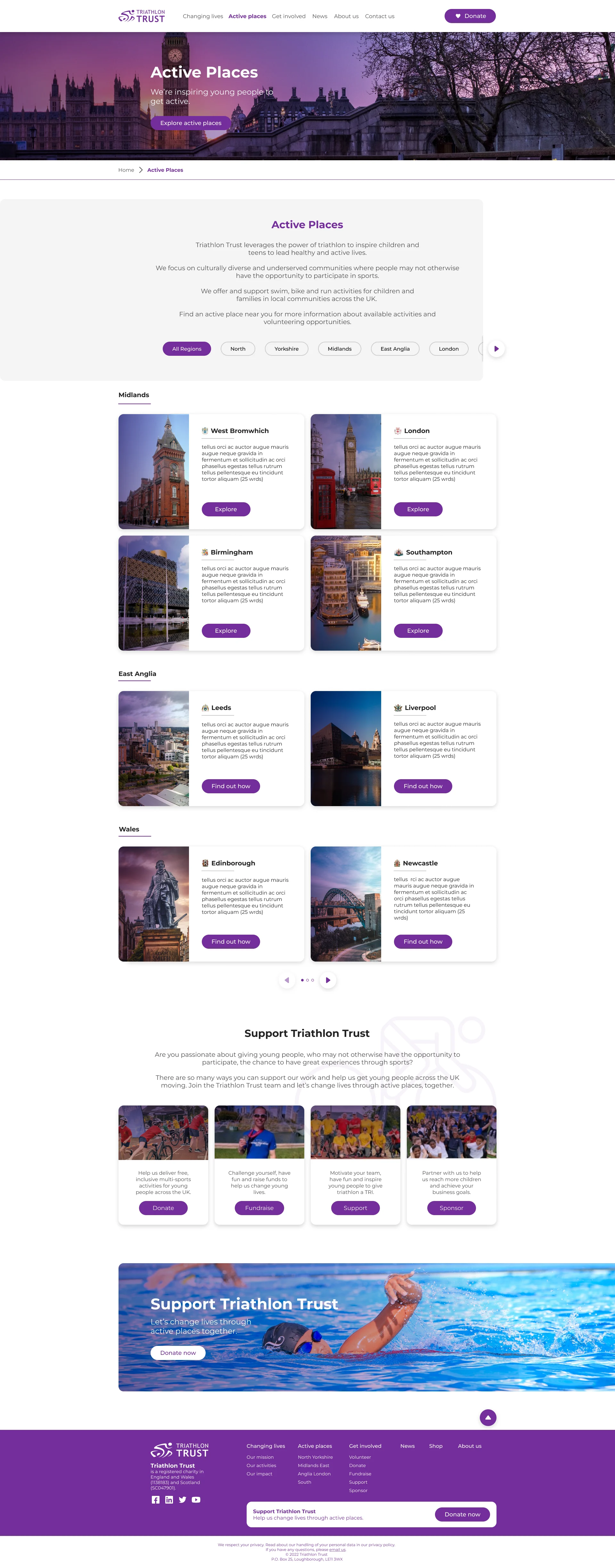 Triathlon Trust: Active Places: 17 locations, searchable by region.