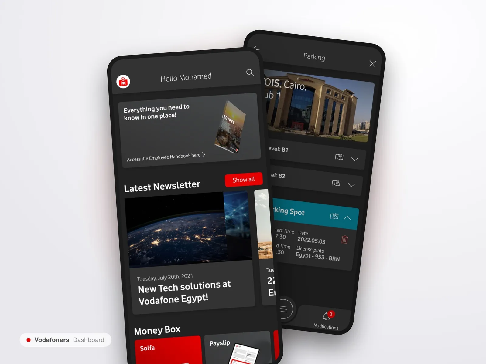 Vodafoners alkalmazás: A szerepkörhöz igazodó irányítópult: pénzügyek, juttatások és munkahely, relevancia szerint rendezve.