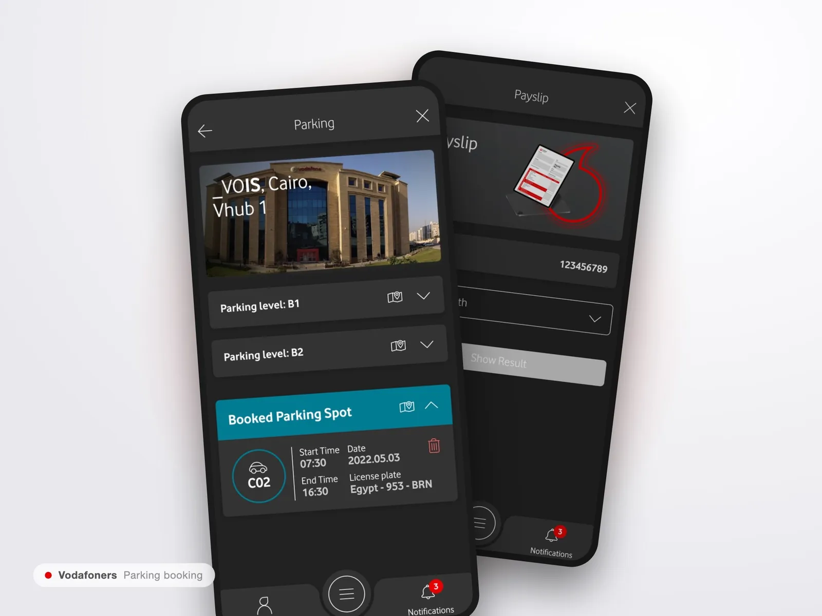 Vodafoners alkalmazás: Smart Parking: épület, szint, parkolóhely, a végén QR-kódos belépővel.